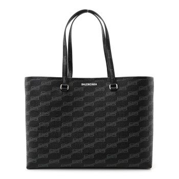 BALENCIAGA Coated Canvas BB Monogram Medium Signature East West Shopper Bag Black Grey