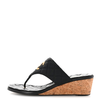 CHANEL Shiny Goatskin Cork CC Wedge Sandals 38.5 Black