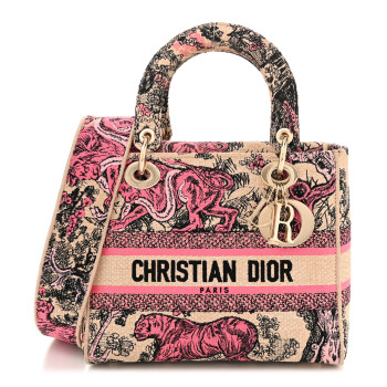 CHRISTIAN DIOR Canvas Toile De Jouy Embroidered Medium Lady D-Lite Beige Pink