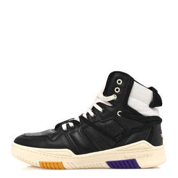 SAINT LAURENT Crackled Calfskin Mens Cure 05 High Top Sneakers 42.5 Black White