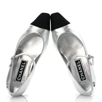 CHANEL Laminated Calfskin Grosgrain Mary Janes Flats 36.5 Silver Black
