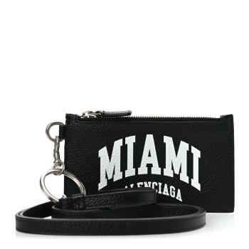 BALENCIAGA Grained Calfskin Miami Logo Cash Coin Card Holder On Keychain Black