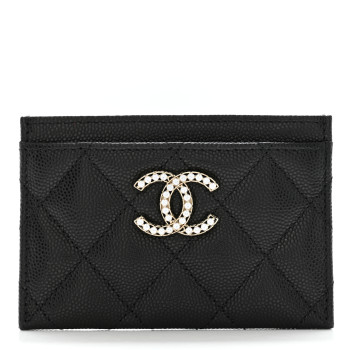 CHANEL Caviar Quilted Crystal Card Holder Black