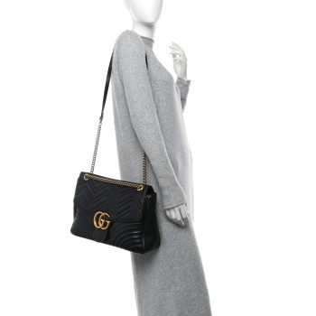 GUCCI Calfskin Matelasse Large GG Marmont Shoulder Bag Black