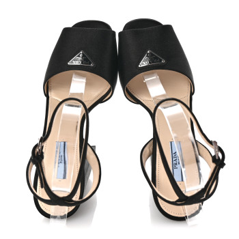 PRADA Satin Metal Triangle Logo Ankle Strap 40/135mm Platform Sandals 39 Black