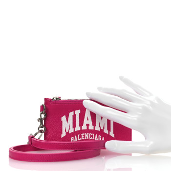 BALENCIAGA Grained Calfskin Miami Logo Cash Coin Card Holder On Keychain Fuchsia
