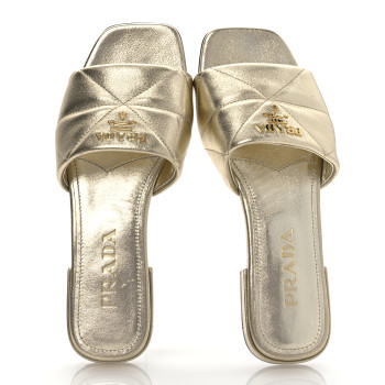 PRADA Metallic Nappa Logo Quilted 10mm Slide Sandals 36.5 Pirite