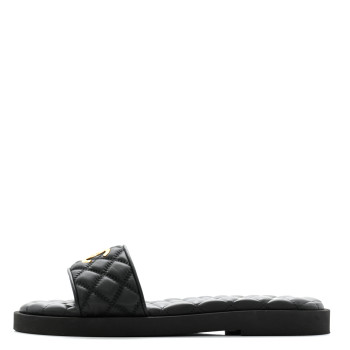 CHANEL Lambskin Quilted Textured CC Mules Sandals 39 Black