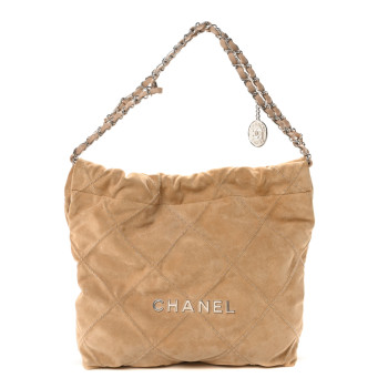 CHANEL Suede Quilted Studded Small Chanel 22 Beige