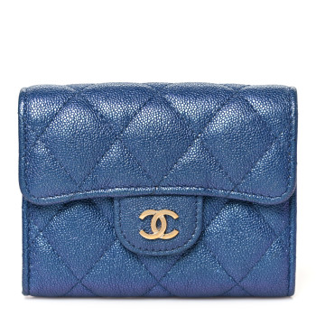CHANEL Iridescent Caviar Flap Quilted Card Holder Wallet Dark Blue