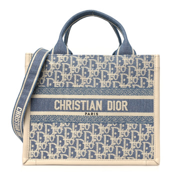 CHRISTIAN DIOR Oblique Chambray Calfskin Small Book Tote With Strap Blue Latte