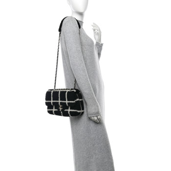CHANEL Shearling Lambskin Large Fluffy Tartan Single Flap Black White