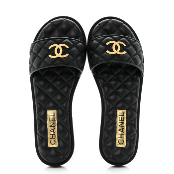 CHANEL Lambskin Quilted Textured CC Mules Sandals 39 Black