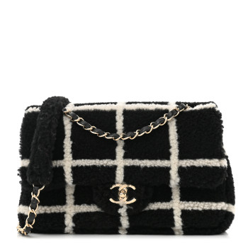CHANEL Shearling Lambskin Large Fluffy Tartan Single Flap Black White