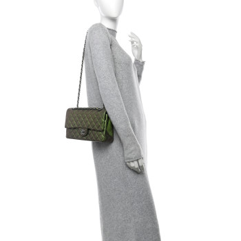 CHANEL Iridescent Lambskin Quilted Medium Double Flap Green
