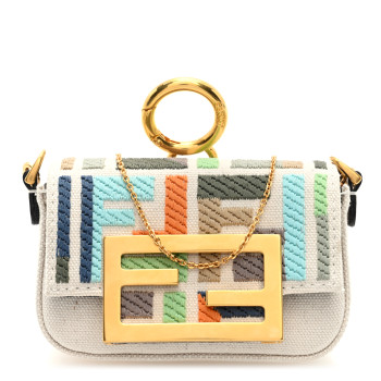 FENDI Kuban Canvas FF Embroidered Nano Baguette Charm Grezzo Multicolor