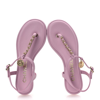 CHANEL Lambskin Chain CC Logo Thong Sandals 37.5 Pink