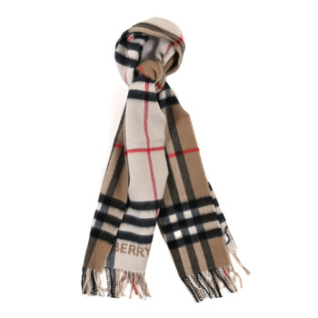 BURBERRY Cashmere Giant Check Fringe Scarf Archive Beige White