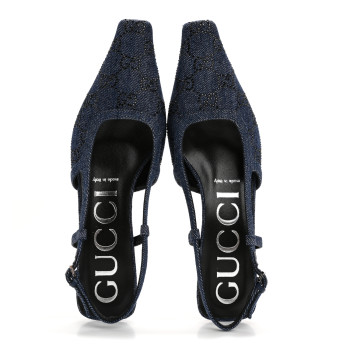 GUCCI Denim GG Monogram Malaga Kid Crystal Square G 35mm Slingback Pumps 37.5 Blue