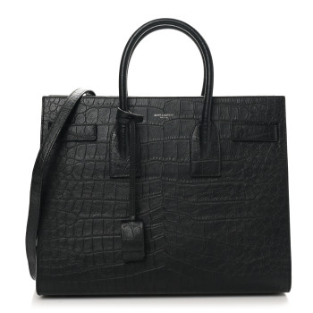 SAINT LAURENT Calfskin Crocodile Embossed Small Sac de Jour Black
