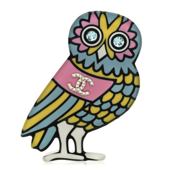 CHANEL Resin Crystal Owl CC Brooch Blue Yellow Golden