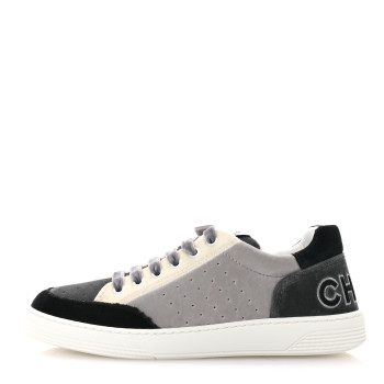 CHANEL Velvet Womens Logo Sneakers 40 White Black Grey