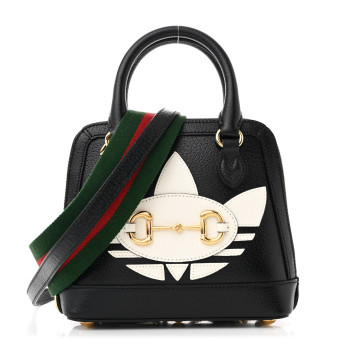 GUCCI X ADIDAS Textured Dollar Calfskin Web Trefoil Mini Horsebit 1955 Top Handle Bag Black Off White
