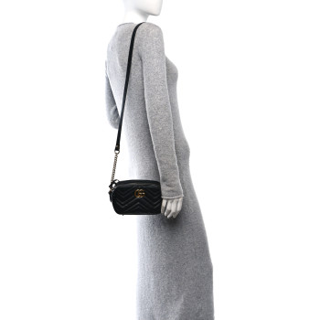 GUCCI Calfskin Matelasse Small GG Marmont Chain Shoulder Bag Black