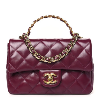 CHANEL Shiny Lambskin Quilted Golden Links Top Handle Flap Dark Purple