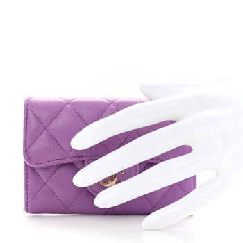 CHANEL Caviar Quilted Flap Card Holder Wallet Purple