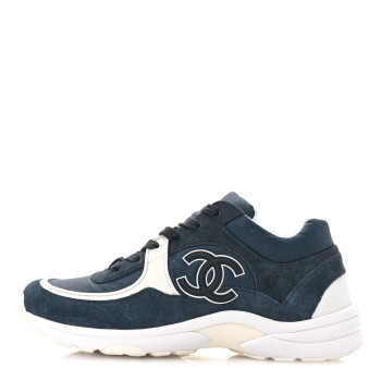 CHANEL Fabric Calfskin Suede CC Womens Sneakers 40 Blue