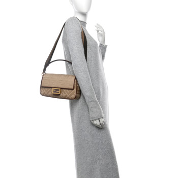 FENDI Canvas Vitello King FF Embroidered Baguette Sand Ghianda