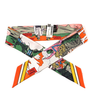 HERMES Silk Wow Twilly Orange Vert Rose