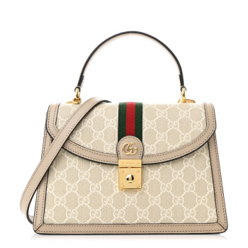 GUCCI GG Supreme Monogram Textured Dollar Calfskin Web Small Ophidia Padlock Top Handle Bag Beige Mystic White Oatmeal