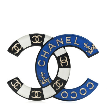 CHANEL Resin Metal CC Brooch Blue Black