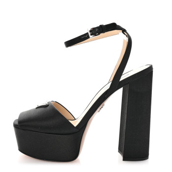 PRADA Satin Metal Triangle Logo Ankle Strap 40/135mm Platform Sandals 39 Black