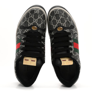 GUCCI GG Supreme Monogram Miro Soft Calfskin Web Mens Screener Sneakers 8.5 Black Grey Sky