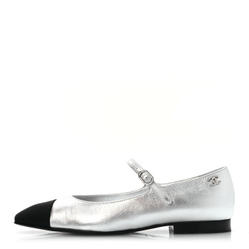 CHANEL Laminated Calfskin Grosgrain Mary Janes Flats 36.5 Silver Black