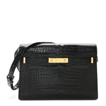 SAINT LAURENT Shiny Calfskin Crocodile Embossed Manhattan Baguette Black