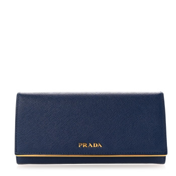 PRADA Saffiano Metal Bar Continental Flap Wallet Bluette