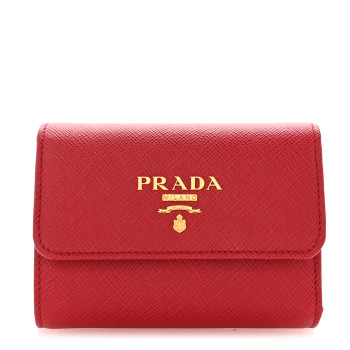 PRADA Saffiano Metal Tri-Fold Compact Wallet Red