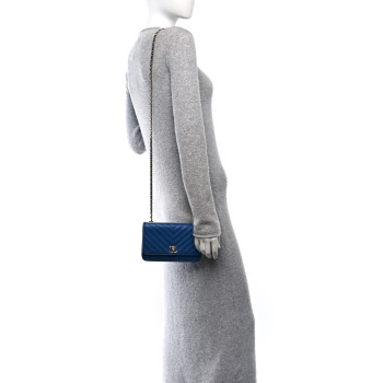 CHANEL Lambskin Chevron Quilted Trendy CC Wallet On Chain WOC Blue