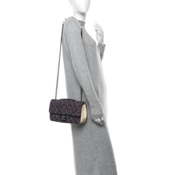 CHANEL Tweed Quilted Medium Single Flap Blue Multicolor