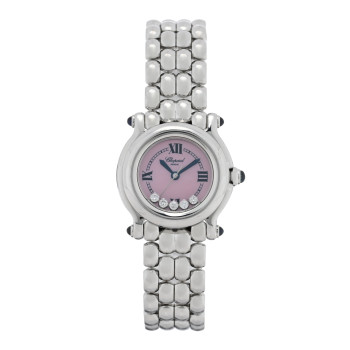 CHOPARD Stainless Steel 5 Diamond 26mm Happy Sport Quartz Watch Pink