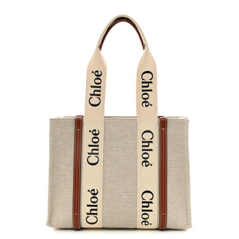 CHLOE Cotton Calfskin Medium Woody Ribbon Tote White Brown