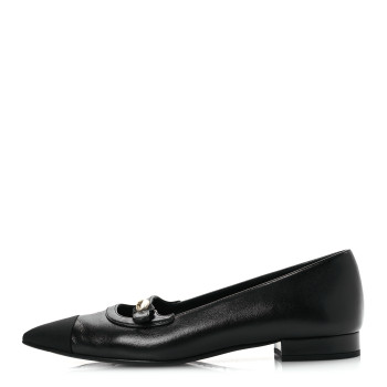 CHANEL Shiny Lambskin Grosgrain Pearl Mary Jane Flats 37.5 Black