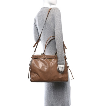 PRADA Glossy Calfskin Triangle Extra Large Bonnie Shoulder Bag Cameo