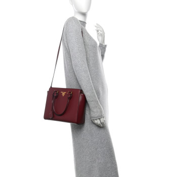 PRADA Saffiano Soft Calfskin Small Zippered Tote Cerise