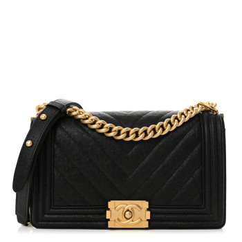 CHANEL Caviar Chevron Quilted Medium Boy Flap Black