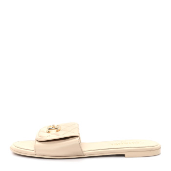 CHANEL Lambskin Quilted Turnlock Flat Mules 41 Light Beige